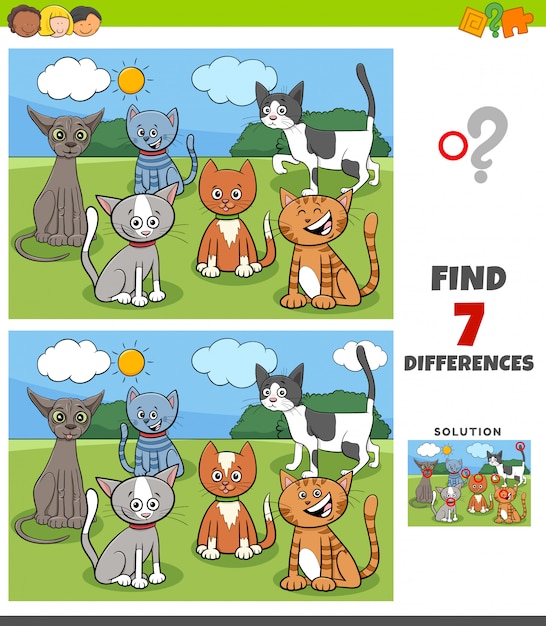 Juego de diferencias con grupo de gatos cómicos