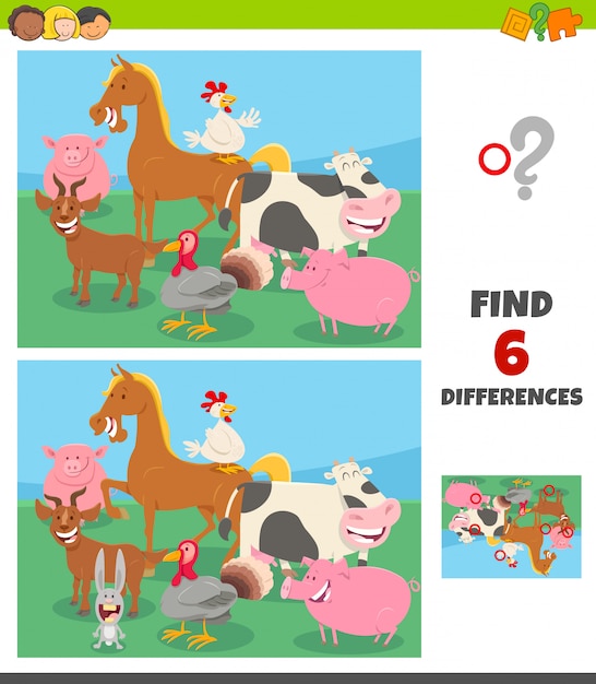 Juego de diferencias con el grupo de personajes de animales de granja