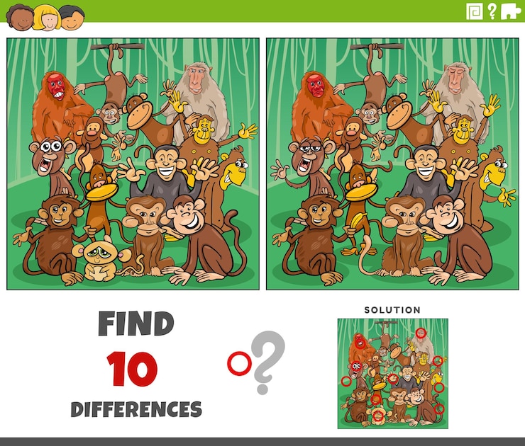 Vector juego de diferencias con el grupo de personajes de monos de dibujos animados.