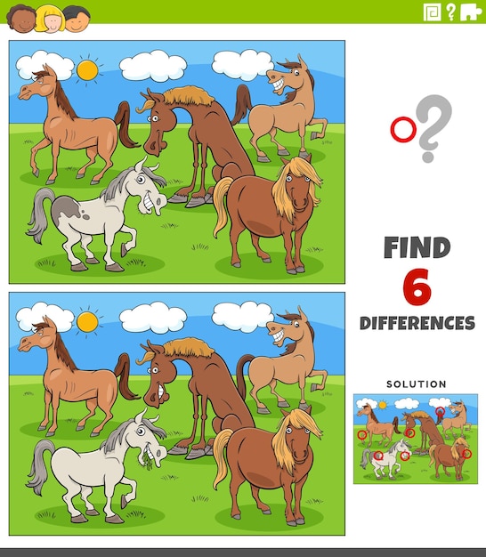 Juego de diferencias para niños con personajes de animales de granja de caballos de dibujos animados