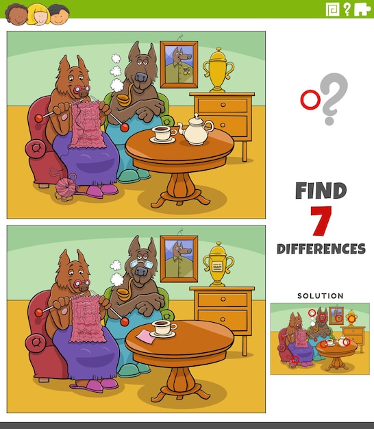 Juego de diferencias con pareja de perros mayores de dibujos animados en casa