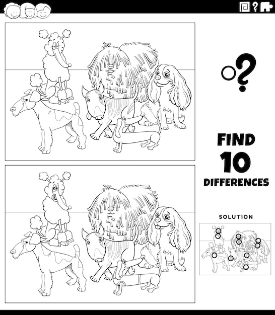Juego de diferencias con perros de pura raza para colorear, pintar e imprimir