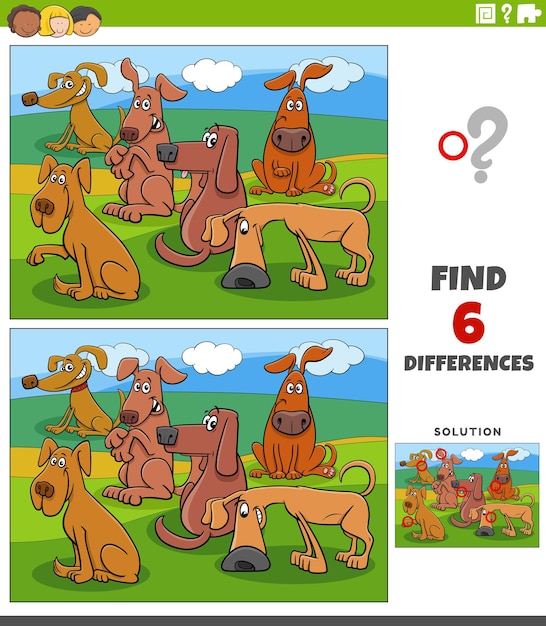 Juego de diferencias con personajes de animales de perros de dibujos animados.