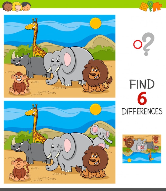 Juego de diferencias con personajes de animales de safari