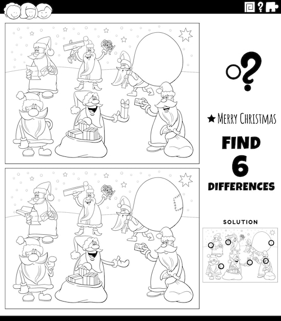 Juego de diferencias con personajes de Santa Claus para colorear, pintar e imprimir