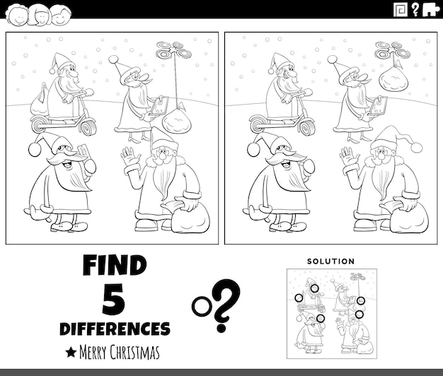 Juego de diferencias con personajes de Santa Claus para colorear, pintar e imprimir