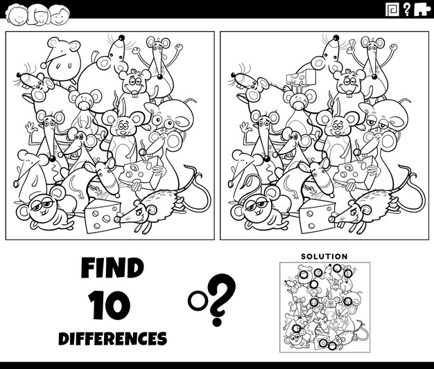 Juego de diferencias con ratones de dibujos animados para colorear página