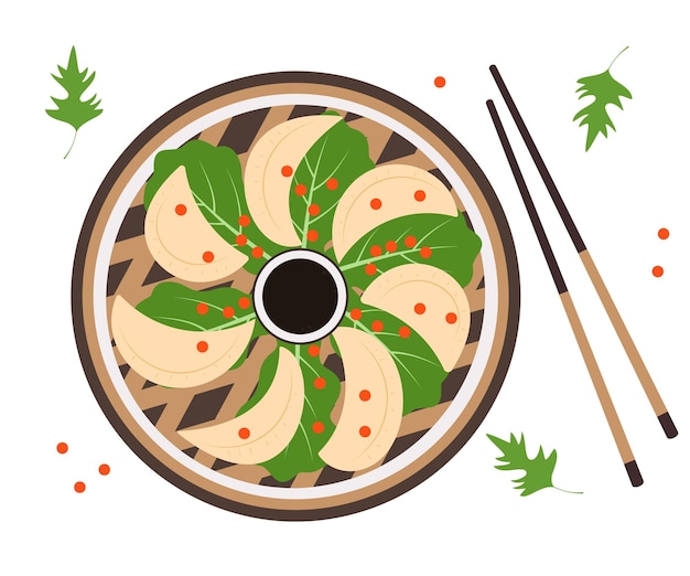 Vector juego de dim sum con palillos. comida asiática.