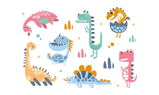 El juego de dinosaurios bebés lindos personajes divertidos de dinosaurios coloridos Ilustración vectorial de dibujos animados