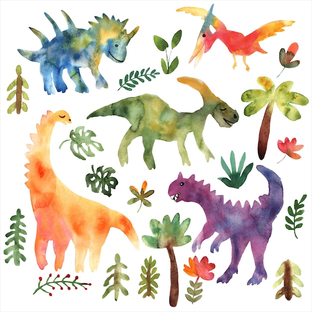 Juego de dinosaurios para diseño de tela dibujo de acuarela fondo animal con elementos florales vector