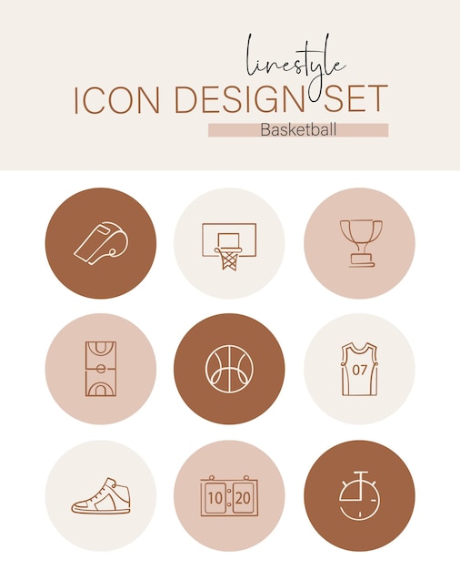 Juego de diseño de iconos de estilo de línea Baloncesto