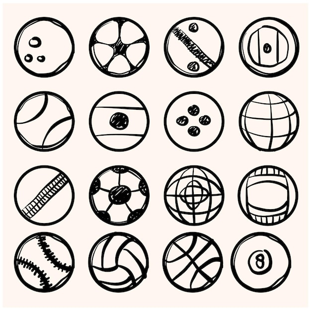 El juego de doodle de línea plana de la pelota deportiva, como el fútbol, el tenis, el boliche y así sucesivamente.