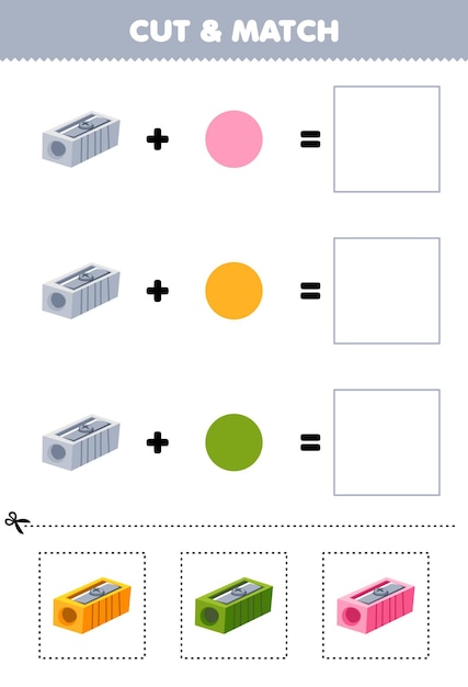 Juego de educación cortar y combinar el color de la combinación de dibujos animados lindo afilador hoja de trabajo de herramienta imprimible