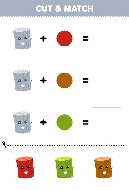 Juego de educación cortar y combinar el color de la combinación de dibujos animados de madera de madera impresible hoja de trabajo de la naturaleza