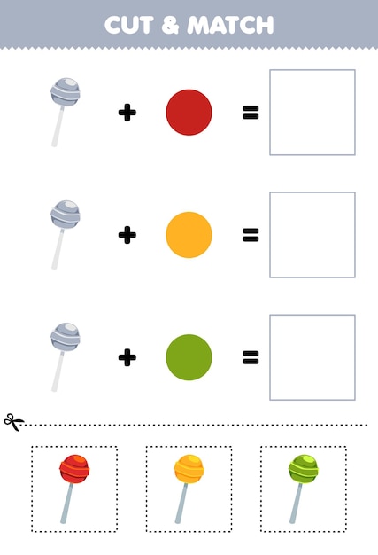 Vector juego de educación cortar y combinar el color de la combinación de dulces de dibujos animados lindos hoja de trabajo de comida imprimible