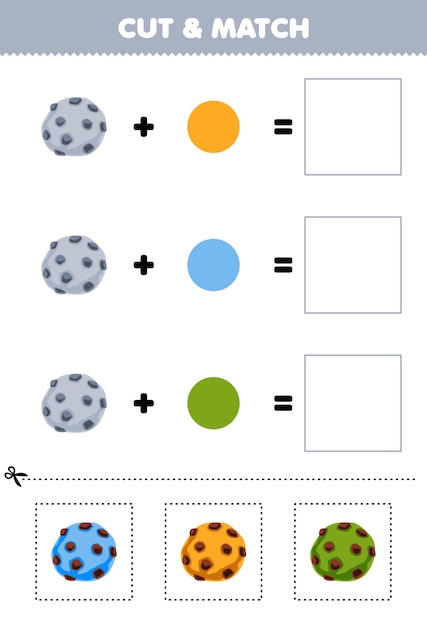 Vector juego de educación cortar y combinar el color de las galletas de dibujos animados lindos hoja de trabajo de comida imprimible