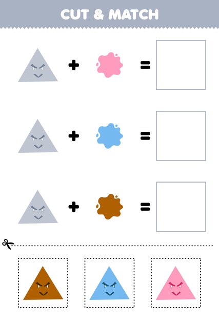 Juego de educación cortar y combinar combinación de color de dibujos animados triángulo impresible hoja de trabajo de forma