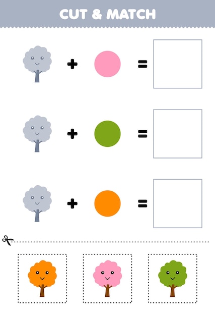 Juego de educación corte y combinación de colores de bonitos árboles de dibujos animados hoja de trabajo de naturaleza imprimible