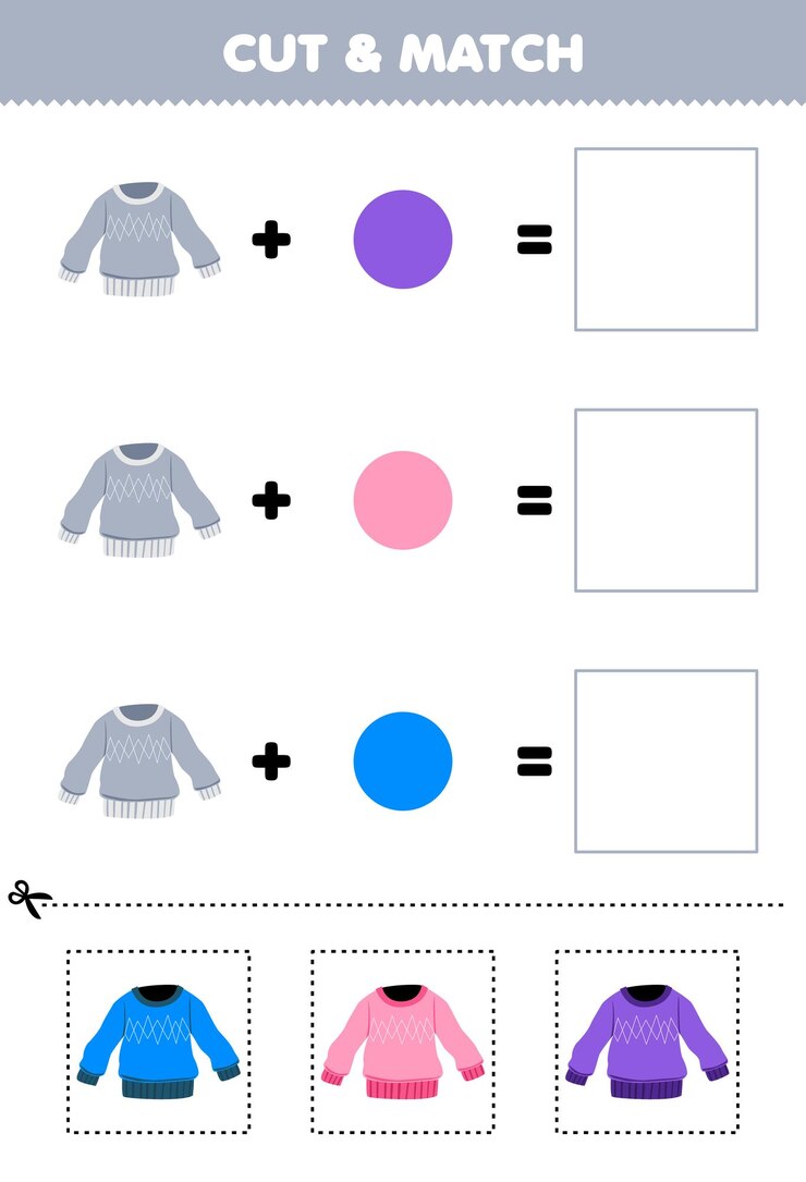 Vector juego de educación corte y combinación de colores de suéter lindo hoja de trabajo de ropa imprimible