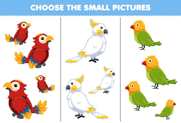 Juego de educación elegir la pequeña imagen de bonitos pájaros de dibujos animados hoja de trabajo de mascotas imprimible