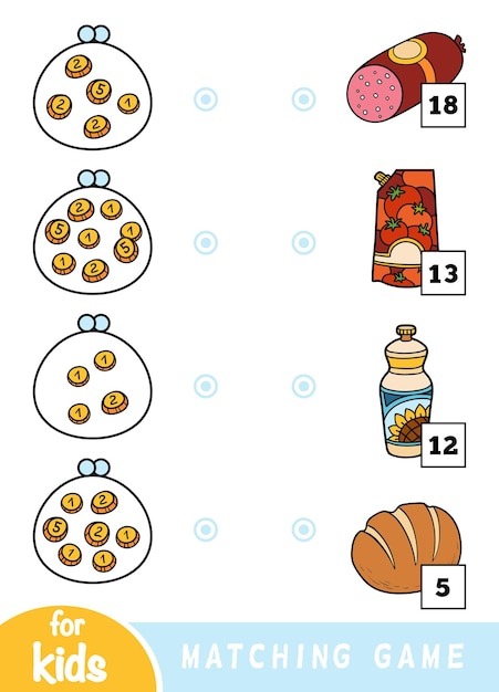 Juego de educación a juego para niños cuente cuánto dinero y elija el precio para el conjunto de alimentos