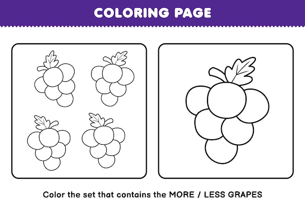 Juego de educación para niños para colorear página más o menos imagen de dibujos animados uva fruta línea arte conjunto hoja de trabajo imprimible