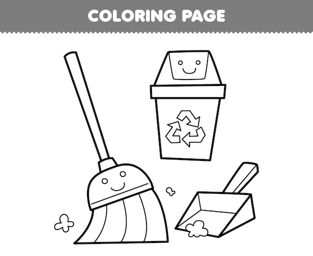 Juego de educación para niños página para colorear de dibujos animados lindo escoba recogedor y papelera de reciclaje línea arte herramienta imprimible hoja de trabajo