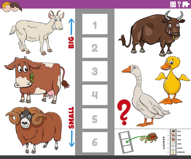 juego educativo con animales de dibujos animados grandes y pequeños.