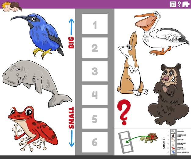 juego educativo con animales de dibujos animados grandes y pequeños.