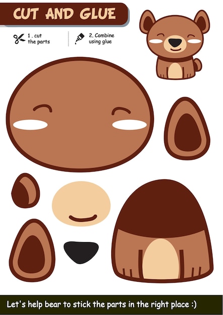Juego educativo de artesanía de papel para niños con una linda y simple actividad de bricolaje de oso