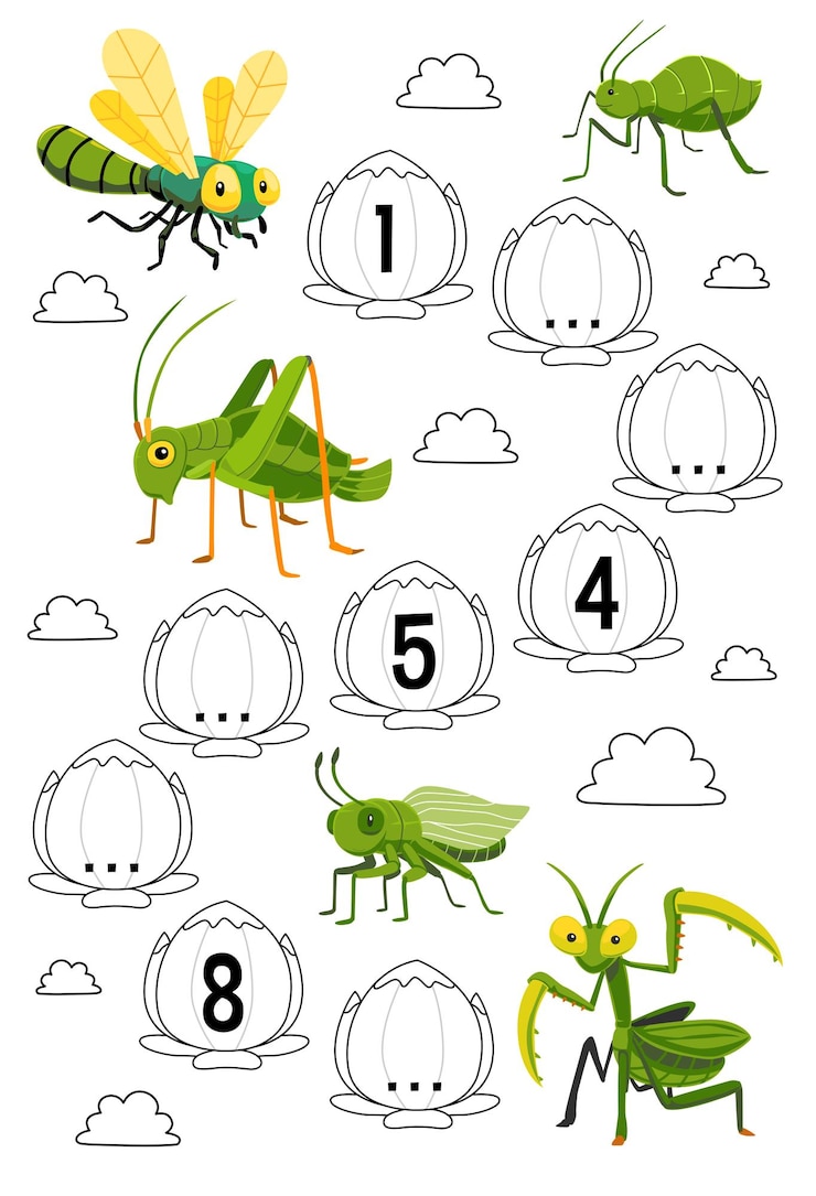 Vector juego educativo para completar la secuencia de números con la hoja de trabajo imprimible del insecto imprimible del saltamontes del áfido de la libélula de la historieta linda