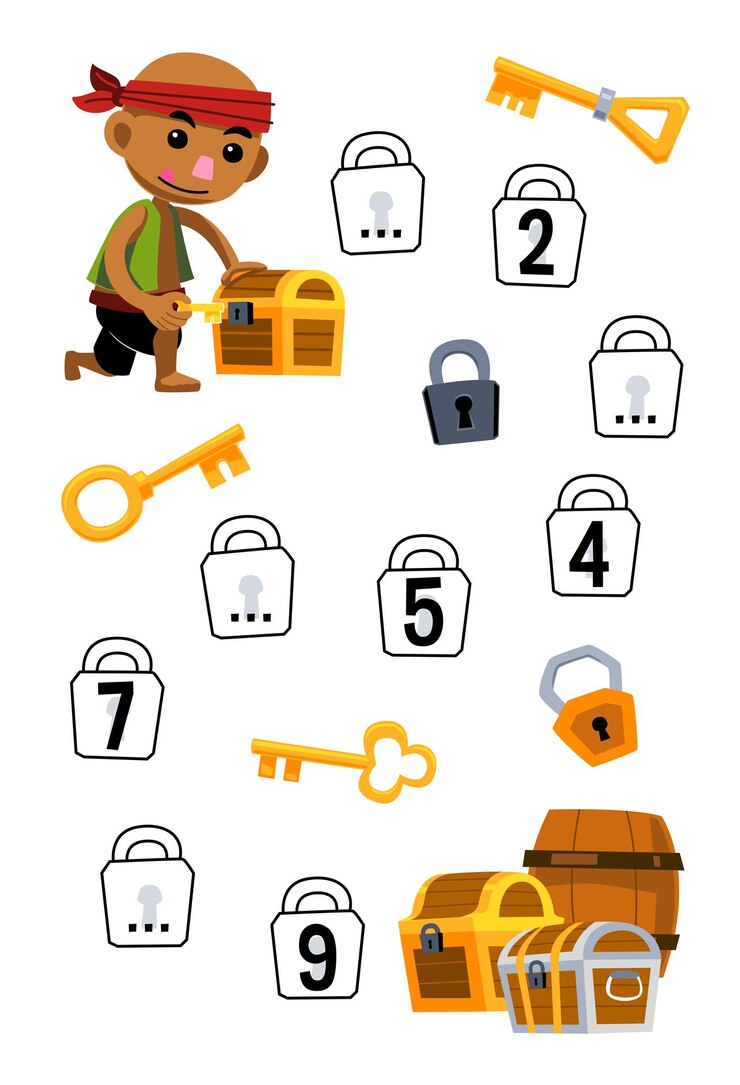Vector juego educativo para completar la secuencia de números con un lindo hombre calvo de dibujos animados alrededor de la hoja de trabajo pirata imprimible con la imagen de la llave y el candado