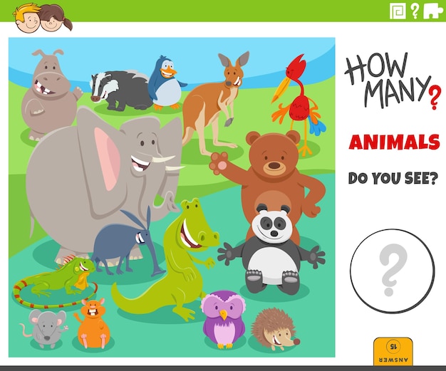 Vector juego educativo de contar personajes de animales salvajes de dibujos animados