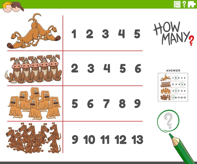 Juego educativo de conteo con personajes de animales de perros de dibujos animados.