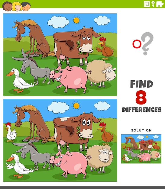 Juego educativo de diferencias con animales de granja de dibujos animados