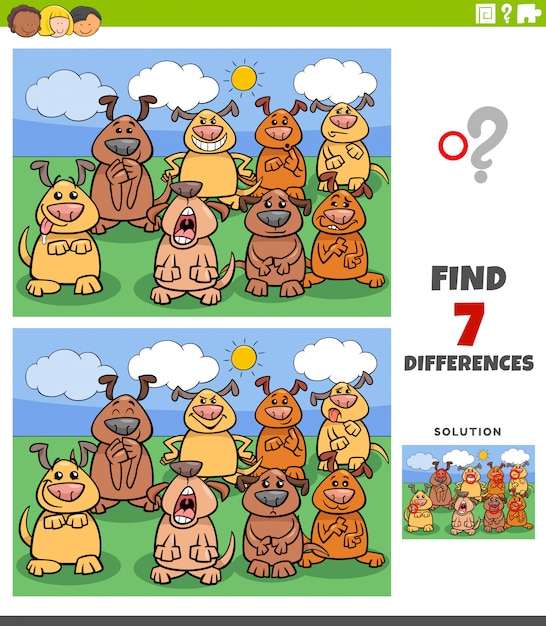 Juego educativo de diferencias con perros cómicos