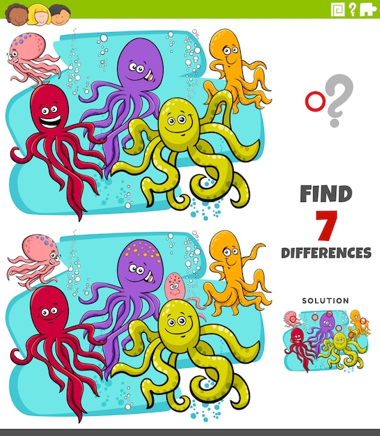 juego educativo de diferencias con personajes de pulpo