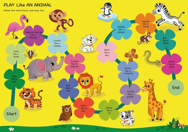 Vector juego educativo de imitación de animales para niños juega como un animal ilustración vectorial