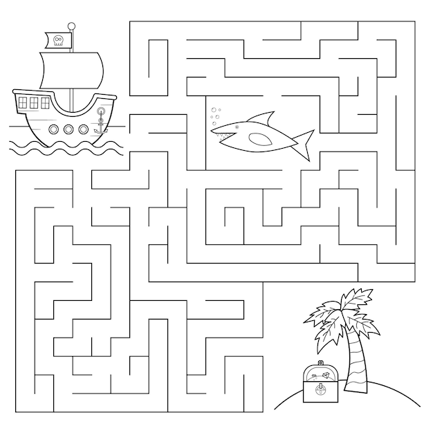 Juego educativo de laberinto con barco pirata, isla tiburón y cofre del tesoro.