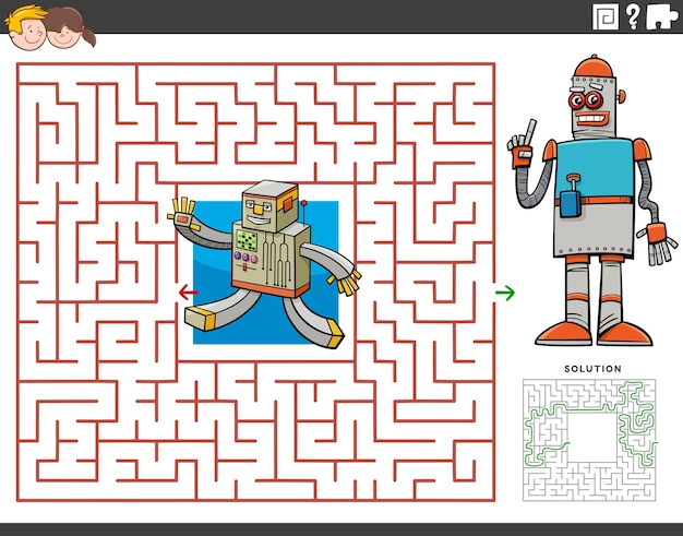 Juego educativo de laberinto con robots de dibujos animados