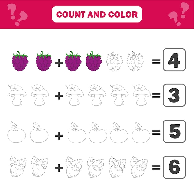 Juego educativo de matemáticas para niños. Contando ecuaciones. Hoja de trabajo de adición: contar y colorear
