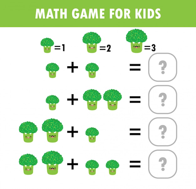 Juego educativo de matemáticas para niños. Conteo de aprendizaje, hoja de trabajo adicional para niños. matemática Adición Resta Rompecabezas brócoli vegetal Truco Pregunta Resolver Ilustración plana