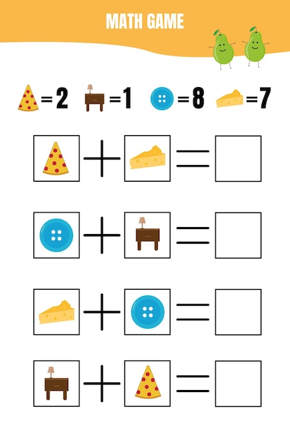 Juego educativo de matemáticas para niños Hoja de trabajo de suma para niños de preescolar o primaria