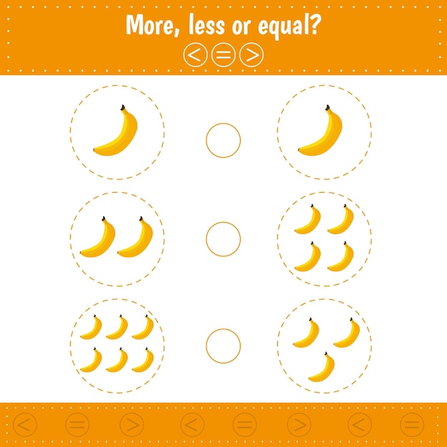 Juego educativo de matemáticas para niños más menos o igual plátano