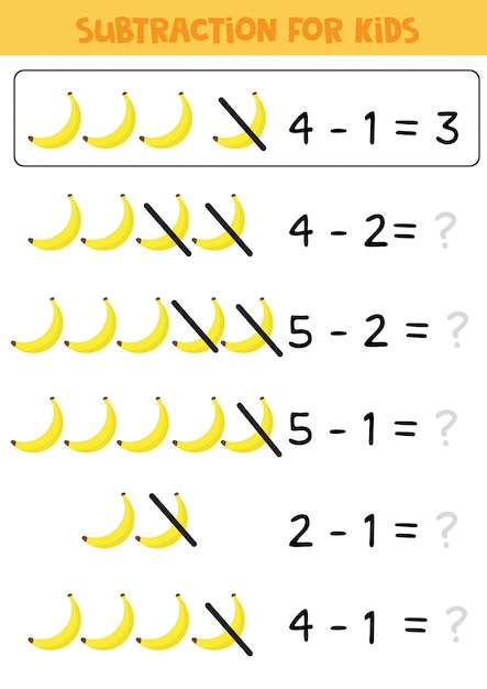 Juego educativo de matemáticas para niños, resta con plátanos platano