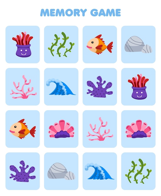 Juego educativo para la memoria de los niños para encontrar imágenes similares de dibujos animados lindos anémona algas peces coral anémona ola hoja de trabajo de naturaleza imprimible