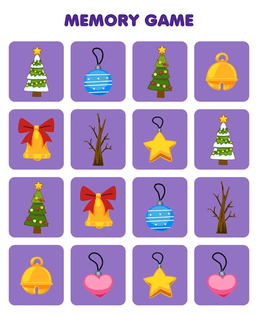 Juego educativo para la memoria de los niños para encontrar imágenes similares de la hoja de trabajo de invierno imprimible del ornamento de la campana del árbol de Navidad de dibujos animados lindo