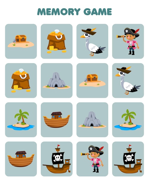 Juego educativo para la memoria de los niños para encontrar imágenes similares de la hoja de trabajo pirata imprimible del cofre del tesoro del barco de la isla de la cueva de dibujos animados lindo