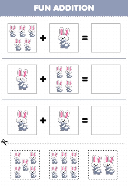 Juego educativo para niños, además de la diversión de cortar y combinar, hoja de trabajo con imágenes de conejos de animales de dibujos animados lindos.