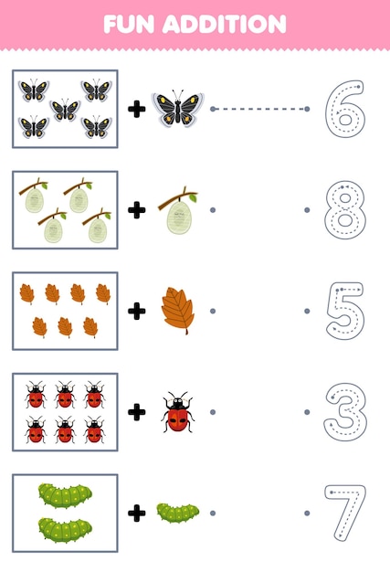 Juego educativo para niños, además de la divertida oruga de la mariquita de la hoja del capullo de la mariposa de dibujos animados, luego elija el número correcto rastreando la hoja de trabajo del error de línea